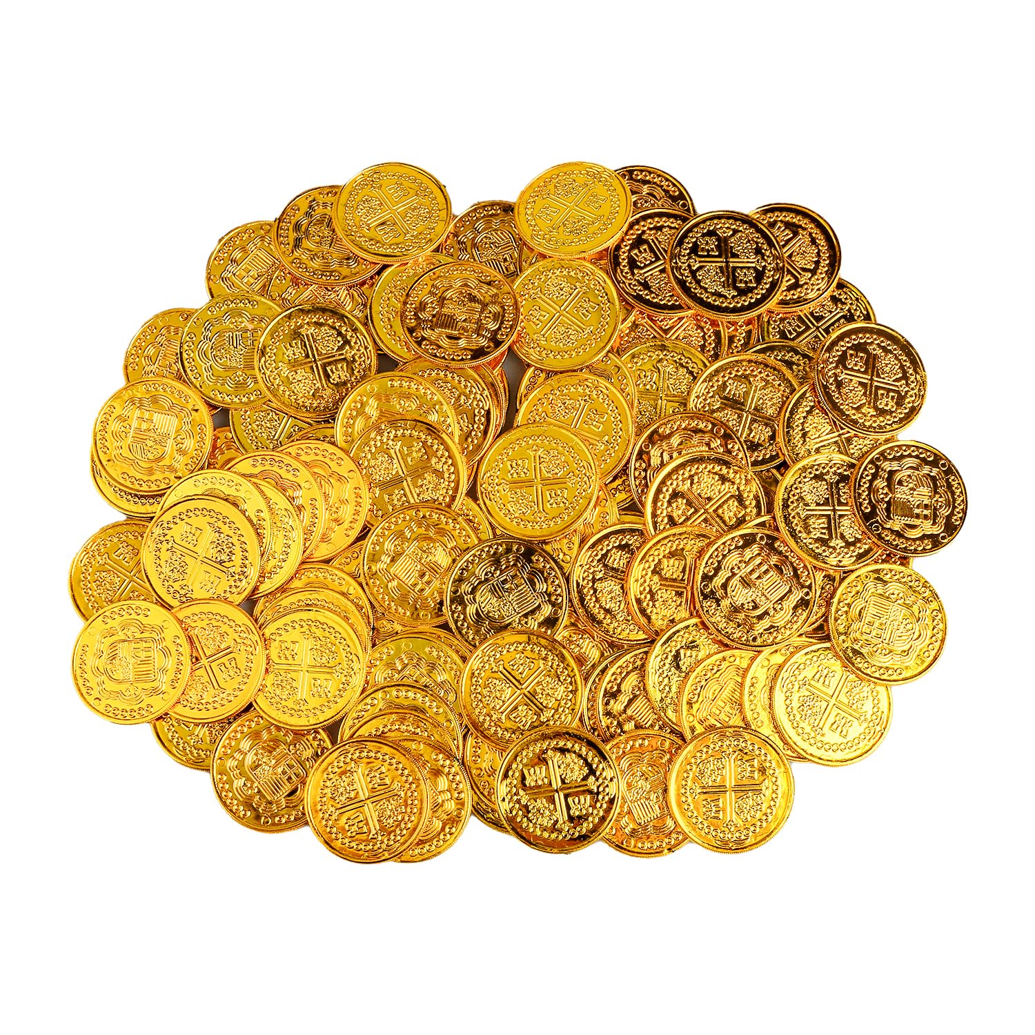 GroveEss 100 Pcs Fake Gold Coins, Plastic Treasure Coin Set, Hunt Game Coins Pretend Play Money Party Favor for Pirate Adventure Themed Event Birthday Party Props