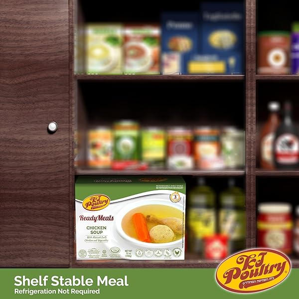 KJ POULTRY KOSHER READY MEALS – MATZA BALL CHICKEN SOUP & VEGETABLES, CHOMETZ NOT FOR PASSOVER, MRE MEAT MEALS READY TO EAT, SHABBOS FOOD, HALAL, (1 PACK) COOKED ENTREE, SHELF STABLE MICROWAVE DINNER