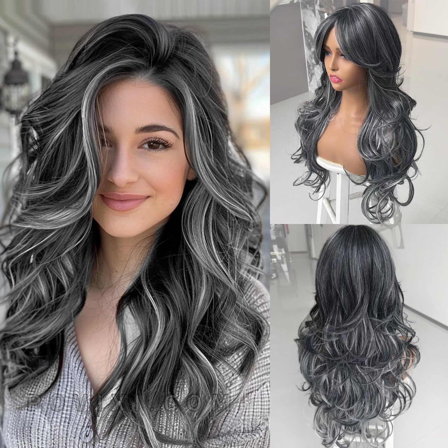 Photo 1 of Dark Gray Highlight Wigs for Women Long Layered Wavy Wig with Curtain Bangs Synthetic Wig Black Mixd Dark Grey Highlight Curly Butterfly Shaggy Grey Layered Hair for Women Daily Party Use 24Inch