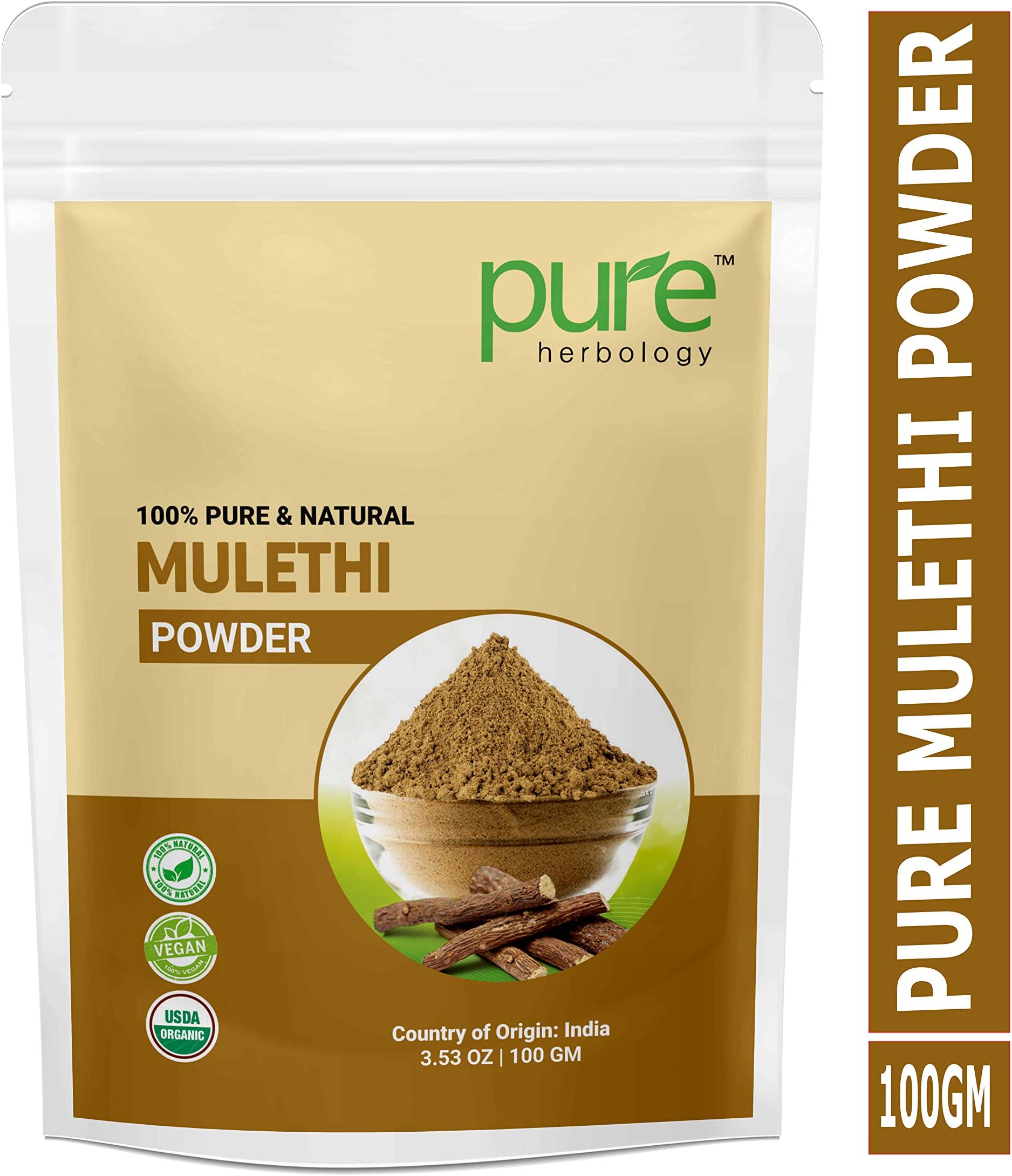 Pure Herbology Pure & Natural Mulethi Powder For Skin Whitening, Licorice Powder For Body, Skin and Hair, 100gm