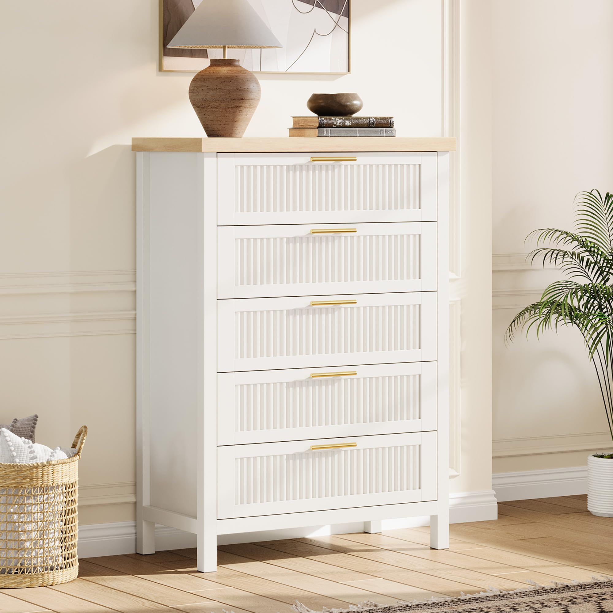 Photo 1 of GarveeHome Fluted 5 Drawer Tall Dresser for Bedroom, 42.9 in Chest of Drawers, Wooden Dresser Chest with Clothes Storage Cabinet, Drawer Organizer, TV Stand for Bedroom, Living Room, Hallway, White
