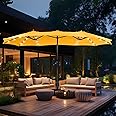 MFSTUDIO 15ft Double Sided Patio Umbrella with Solar Lights, Outdoor Large Umbrellas with Crank Handle and 36 LED Lights, Rectangular Market Umbrella with Base Included for Deck Pool Shade