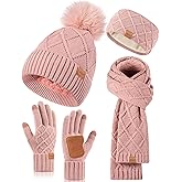 Womens Winter Hat Gloves Scarf Headband Set, Pom Pom Beanie Long Scarf Touchscreen Gloves Ear Warmer, 4 in 1 Warm Gift Set