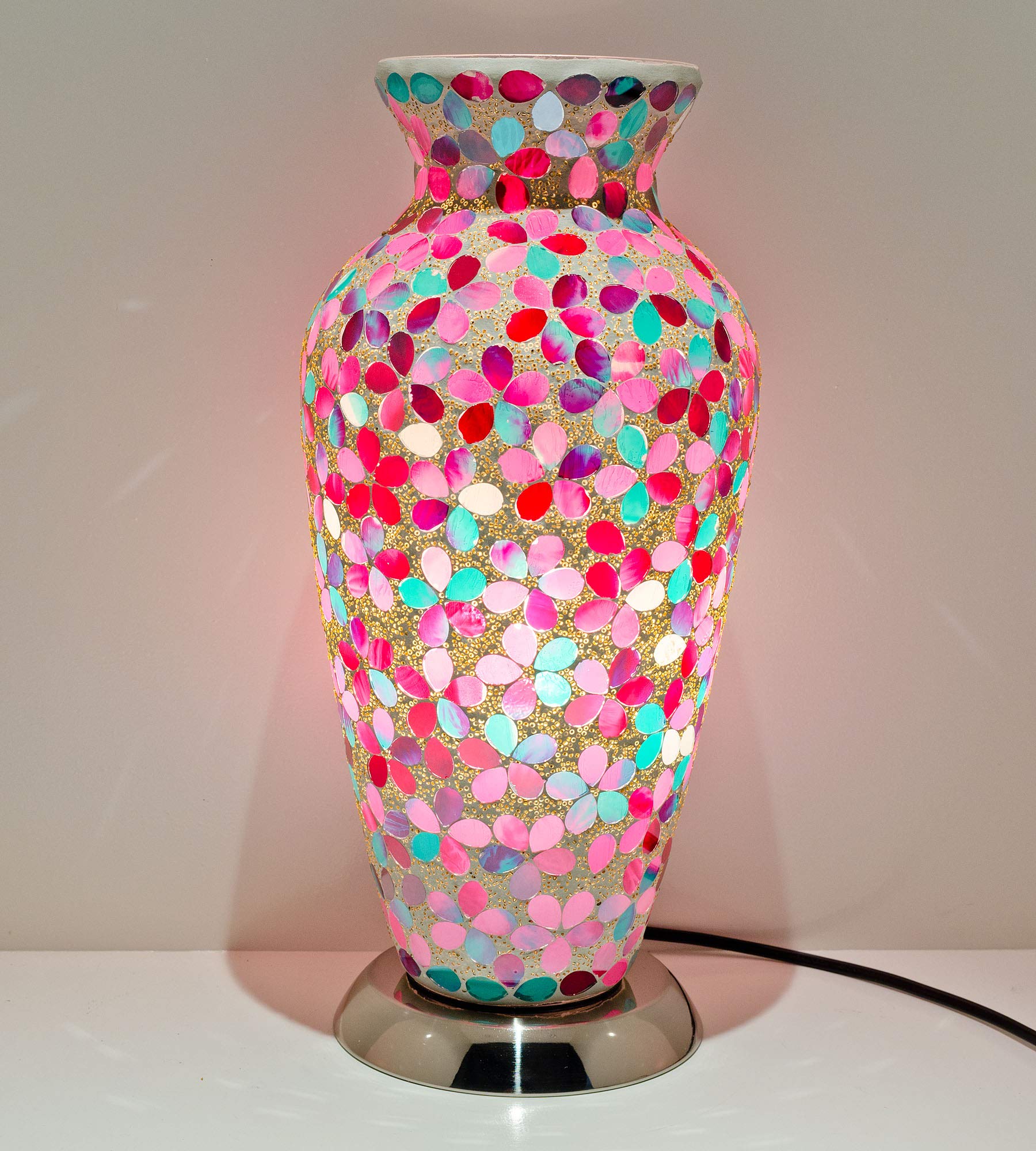 Febland Pink & Green Flower Tile Mosaic Vase Lamp