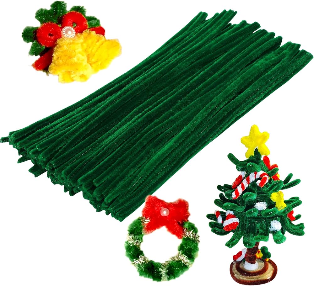 SUVSOON 100 Pcs Green Pipe Cleaners 6mm x 12" Chenille Stem Craft Set