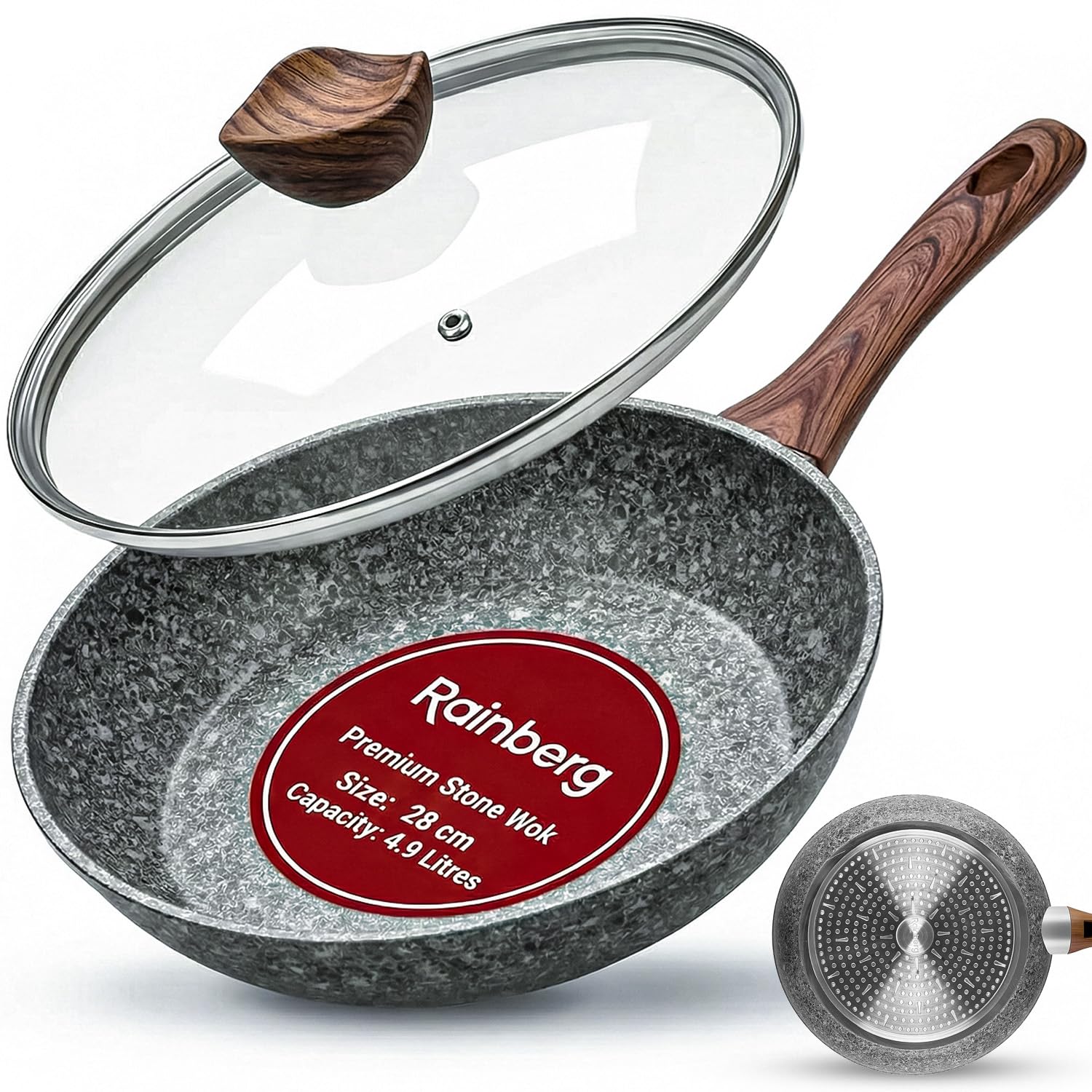 Rainberg 28CM Frying Pan with Lid, Granite Nonstick Frying Pans with Lid, Stone Frying Pan, Induction Compatible (28CM)