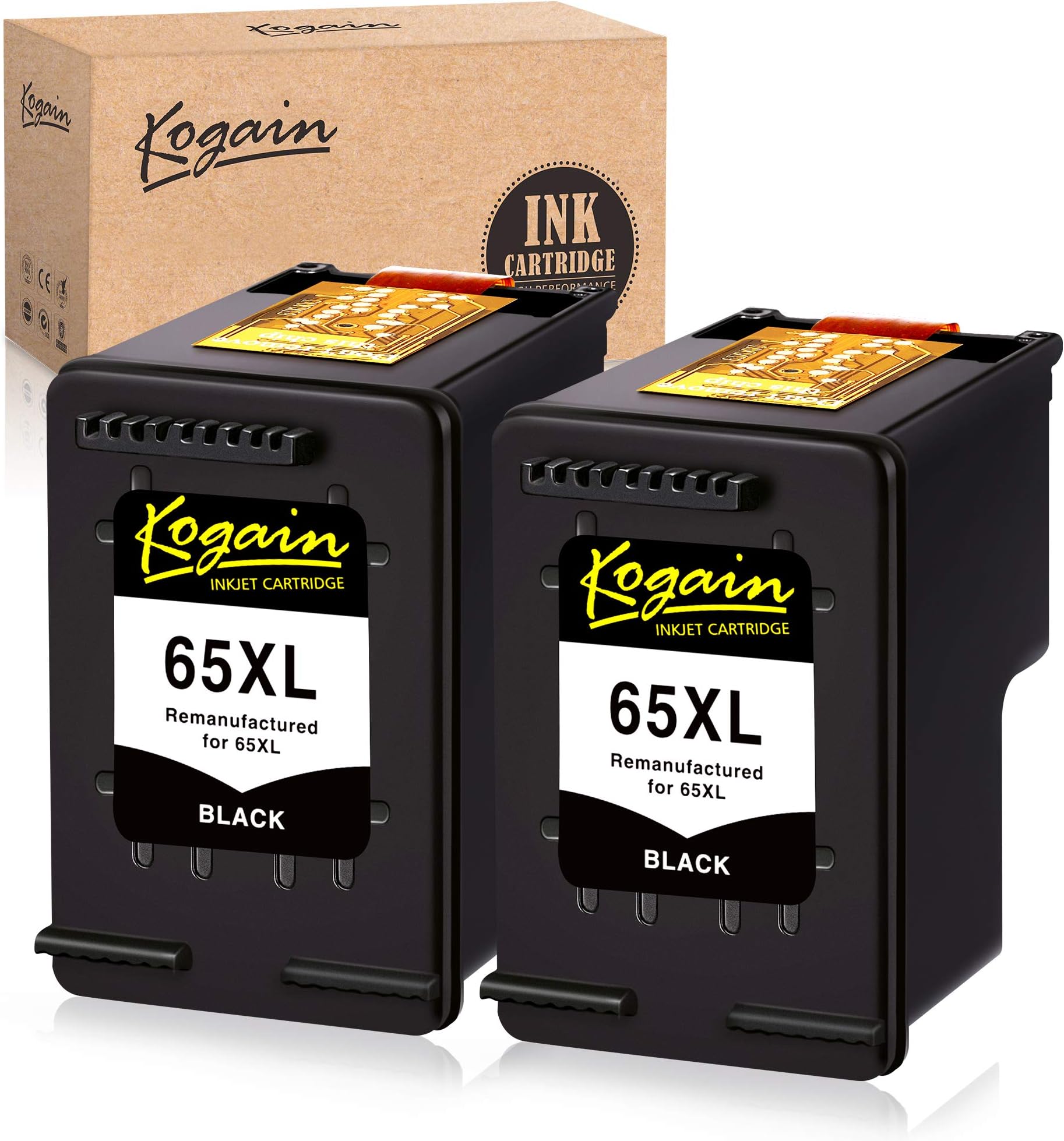 Kogain Remanufactured Ink Cartridge Replacement for HP 65 65XL, Work with HP Envy 5055 5052 5058, Deskjet 3755 2652 2655 3752 3730 3720 3721 3722 Printer Combo (2 Black)