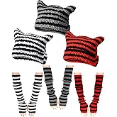 Hicarer 3 Sets Y2k Crochet Beanie Hats and Striped Arm Warmers Cat Fox Beanie Accessories Goth Arm Sleeves Fingerless Gloves for Women Girls
