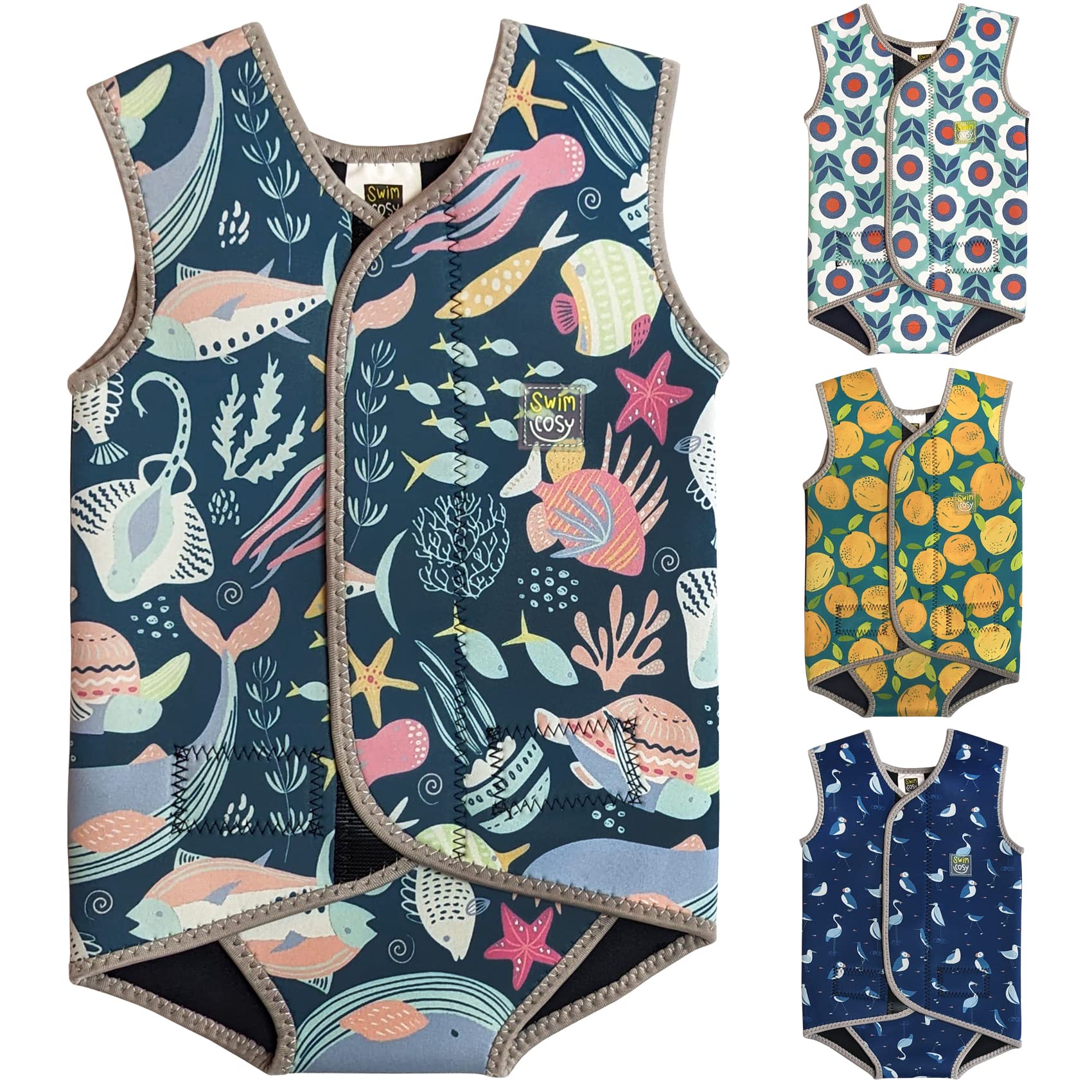 Swim Cosy Baby/Toddler Wetsuit Vest with UPF50 - Neoprene Wrap around design for Boys/Girls 0-3 years - Unicorns, Dinosaurs, Ducks (Life in the Sea, LARGE 18-30 Months)