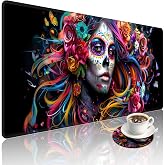 Sugar Skull Woman Large Gaming Mouse Pad with Coaster, Durable Stitched Edges Protection Design, Cute Large Desk Mat for Desktop, 35.4x15.7 inch XXL Extended Computer Mat for Gaming and Office