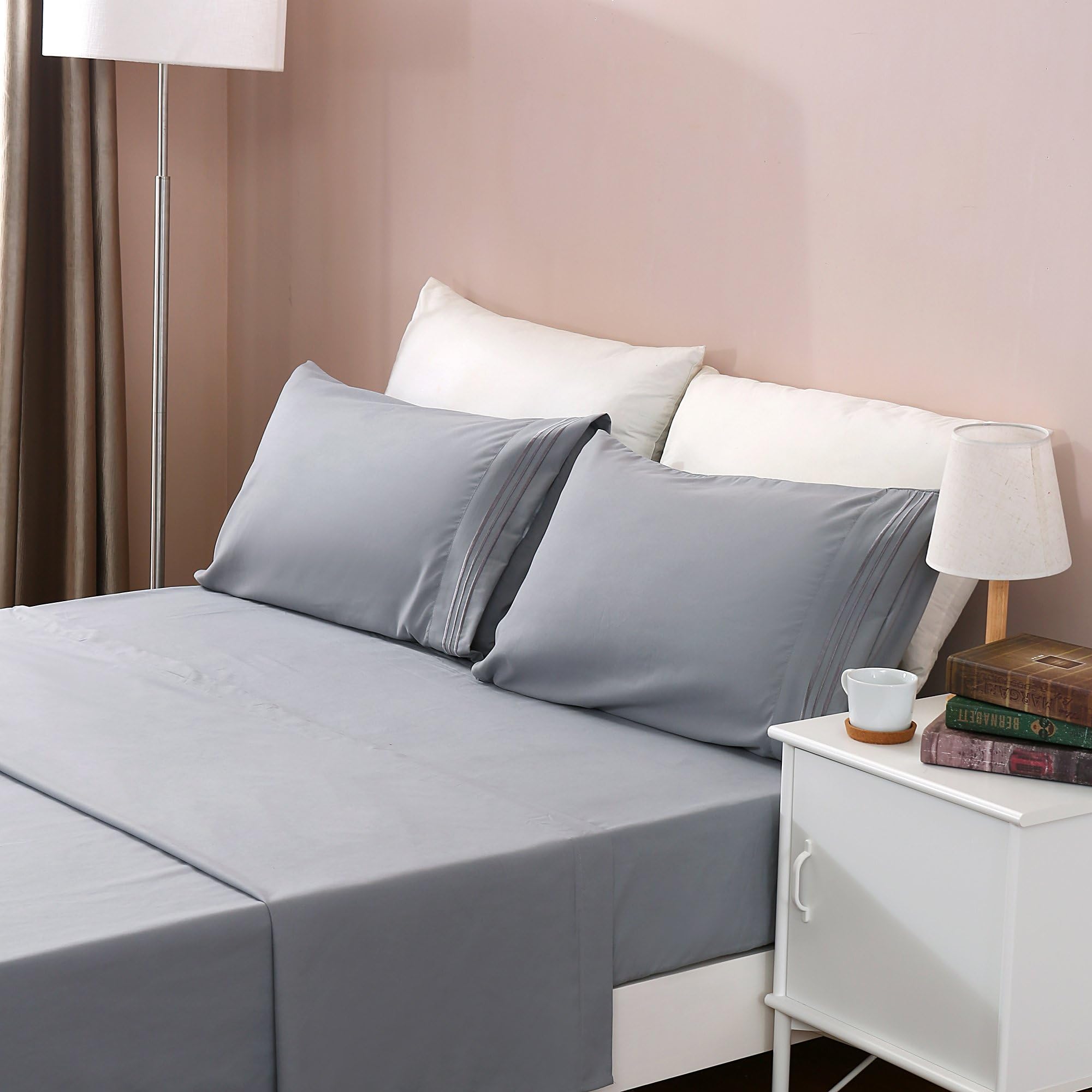YALOVO Sheets Hotel Luxury Bed Sheets Set- 1800 Series Platinum Collection-Deep Pocket,Wrinkle & Fade Resistant - 4 Piece,Fabric 110gsm (Queen,Light Grey)