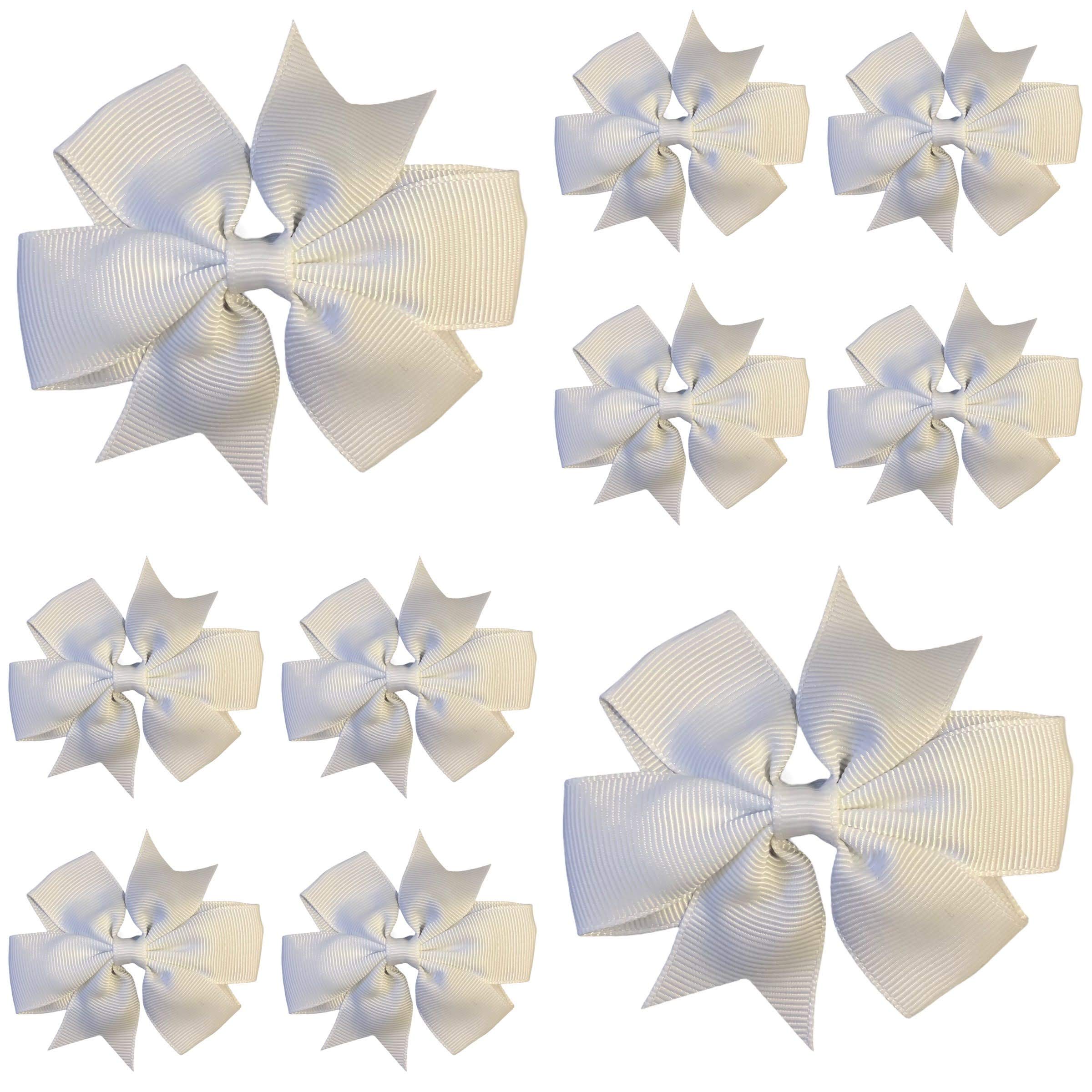 White Hair Bows for Girls – 3 Inch Grosgrain Pinwheel Ribbon Bows with Crocodile Clips – School Uniform Hair Accessories for Children, Toddlers & Kids - 10 Pack