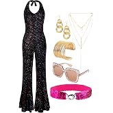 SOMSOC 70s Disco Jumpsuit Costumes Women Fashion Disco Accessories for Halloween Necklace Earrings Bracelet Glasses Belt