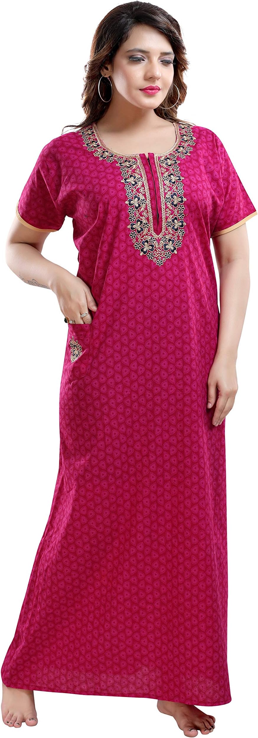 TRUNDZ Women's Cotton Embroidered Maxi Night Gown