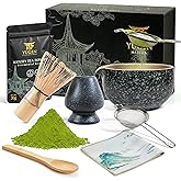 YUGEN MATCHA 7 Piece Matcha Whisk Set, Includes 30g Ceremonial Grade Matcha Powder, Metal Sifter, Bamboo Whisk, Whisk Holder, Bamboo Spoon, Tea Cloth, Matcha Bowl, Tea Set, Ceremony Set