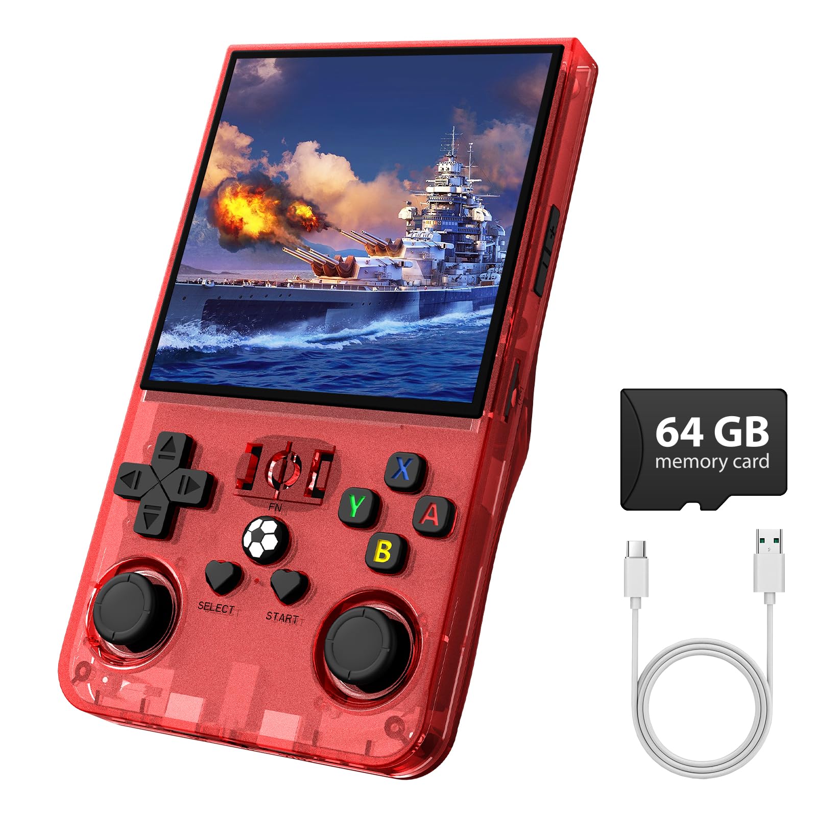 Photo 1 of R36MAX Retro Gaming Console, Retro Handheld Games Console with 64GB TF Card, Portable Hand Held Open Source Linux System, 4.0 inch IPS HD Screen Video Game Consoles, 4000mAh Battery,Transparent Red