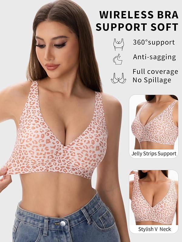 Reggiseno Senza Ferretto Push Up – Reggiseno Donna Imbottito Senza Cuciture, Reggiseno Comodo, Bralette Donna, Jelly Bras, Leopardo Rosa — foto 2 di 6