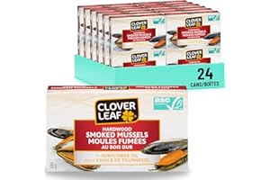 Clover Leaf Hardwood Smoked Mussels In Sunflower Oil - 85g, 24 Count - High Protein Canned Shellfish - Tinned Seafood