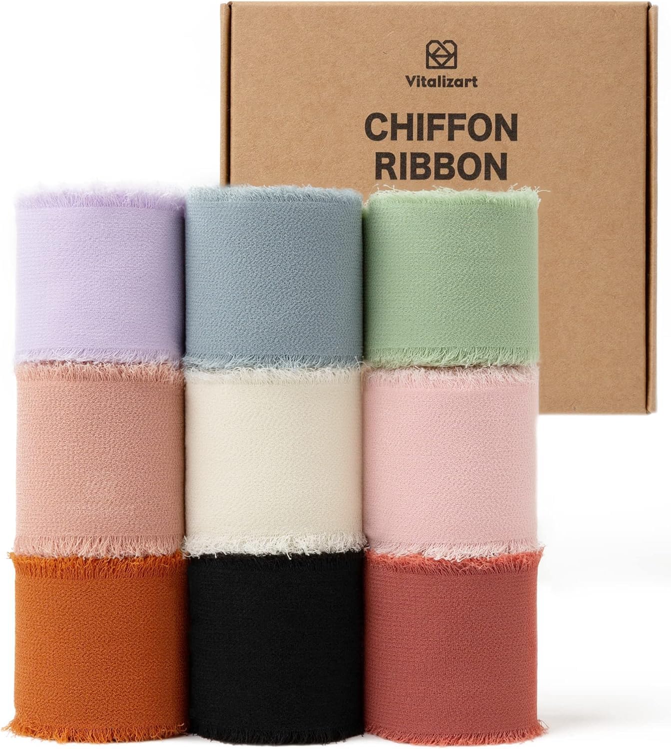 Vitalizart Chiffon Ribbon Mixed 9 Colours 1.5'' x 45 Yd, Fabric Silky Ribbons 9 Rolls 1.5'' x 5 Yd, Handmade Fringe for Wedding Invitation, Bridal Bouquet, Gift Wrapping, Holiday Decoration, DIY Craft