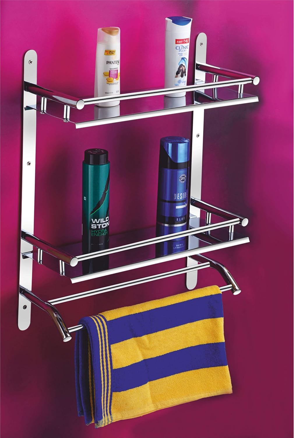 Easyhome Furnish 304 Stainless Steel Double Layer Shelf with Towel Rod