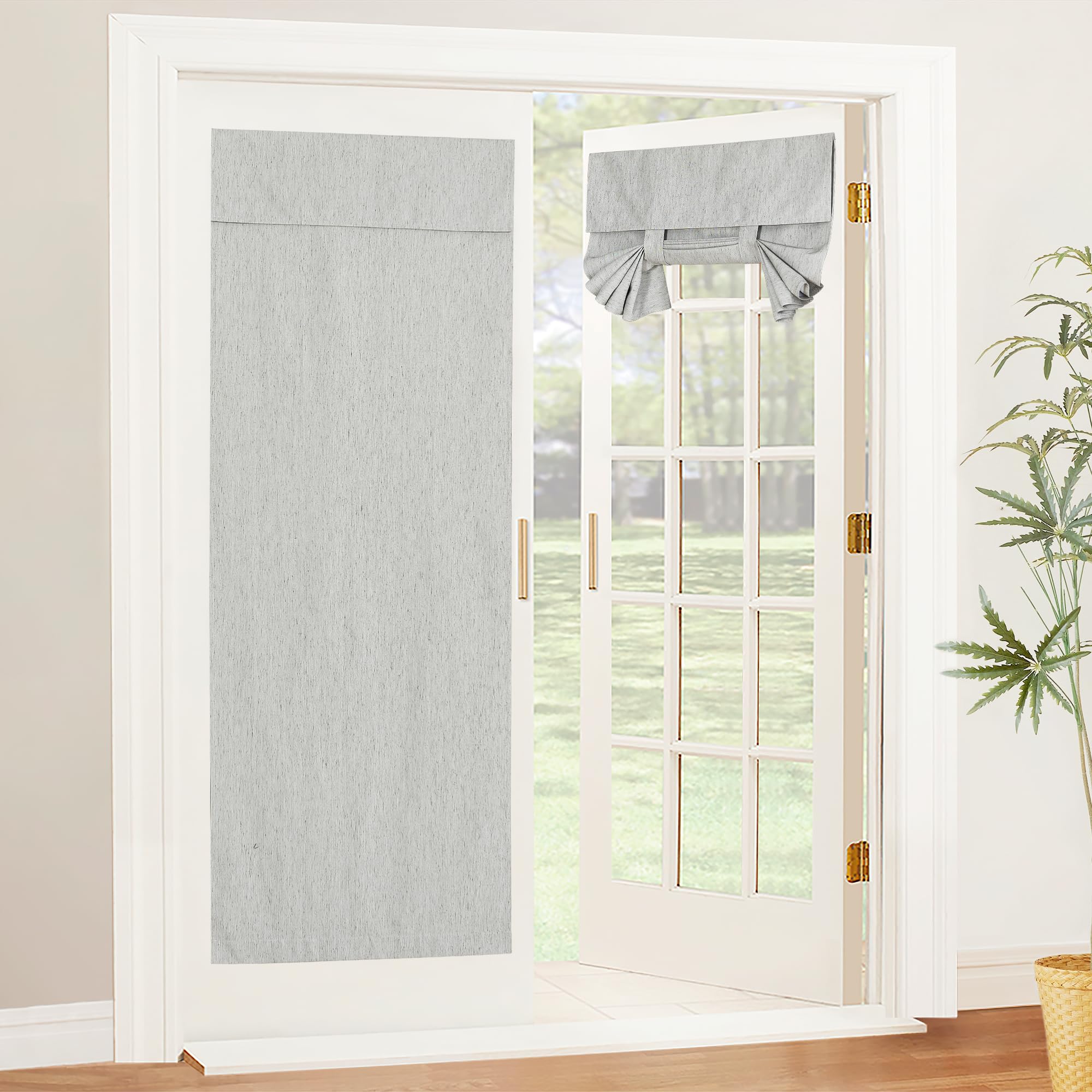 PONY DANCE Silver Grey Linen Door Curtain, Portable French Door Curtains Tie Back No Drilling Full Blackout Patio Door Window Shades for Privacy, W26 x L69 inch, 1 PC