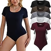 Chongbaijia 5 Pack Short Sleeve Bodysuits for Women Square Neck Casual Stretchy Basic Body Suits Tops T Shirts