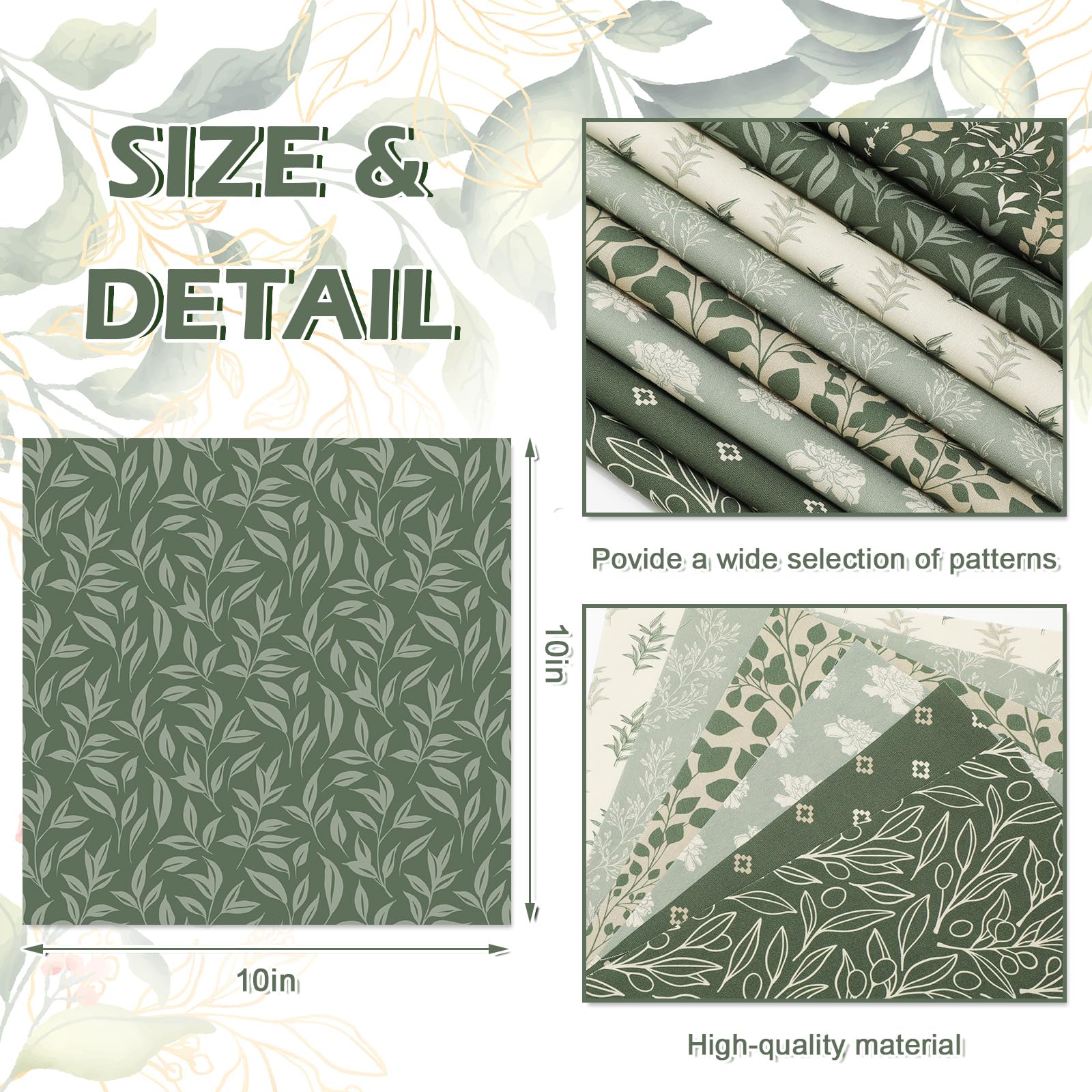 32Pcs Sage Green Floral Cotton Fabric Bundles 10 x 10 Inch Greenery Fabric Squares Eucalyptus Leaves Sewing Fabrics for DIY Craft Party Decor