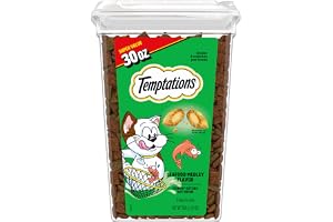 Temptations Classic Crunchy and Soft Cat Treats, Seafood Medley, 30 oz | Under 2 calories per treat, 100% complete & balanced adult cat nutrition, resealable tub, use as snack, meal, or food topper