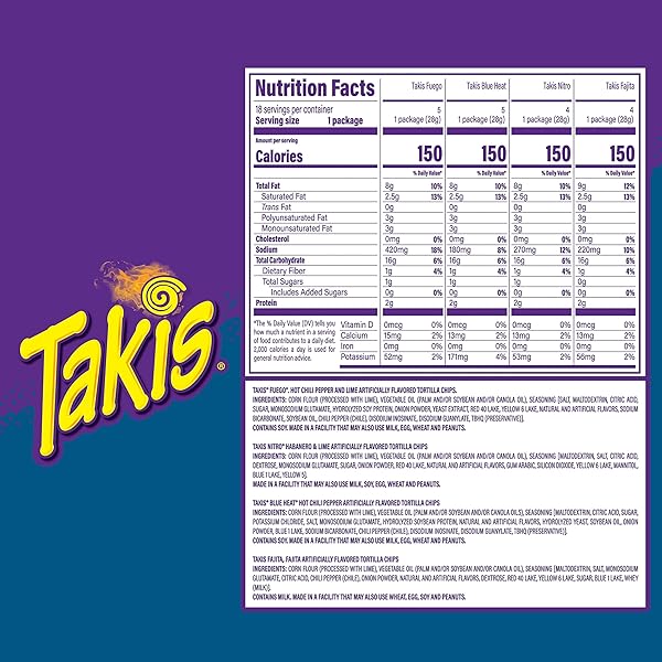 TAKIS 18 PC / 1 OZ VARIETY PACK, ASSORTED FLAVORED MIXED ROLLED TORTILLA CHIPS – (5) FUEGO, (5) BLUE HEAT, (4) NITRO, (4) CRUNCHY FAJITAS