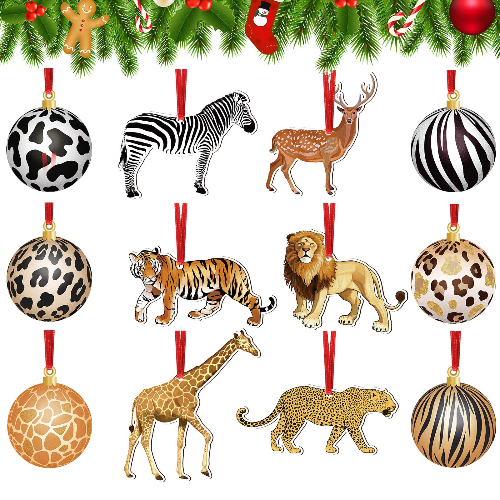 View 1 of 12 Pcs Christmas Jungle Animal Ornament Christmas Tree Ornament Wooden Zebra Cheetah Tiger Giraffe Lion Xmas Ornaments Decorative Hanging Ornaments for Xmas Home (Animal Style)