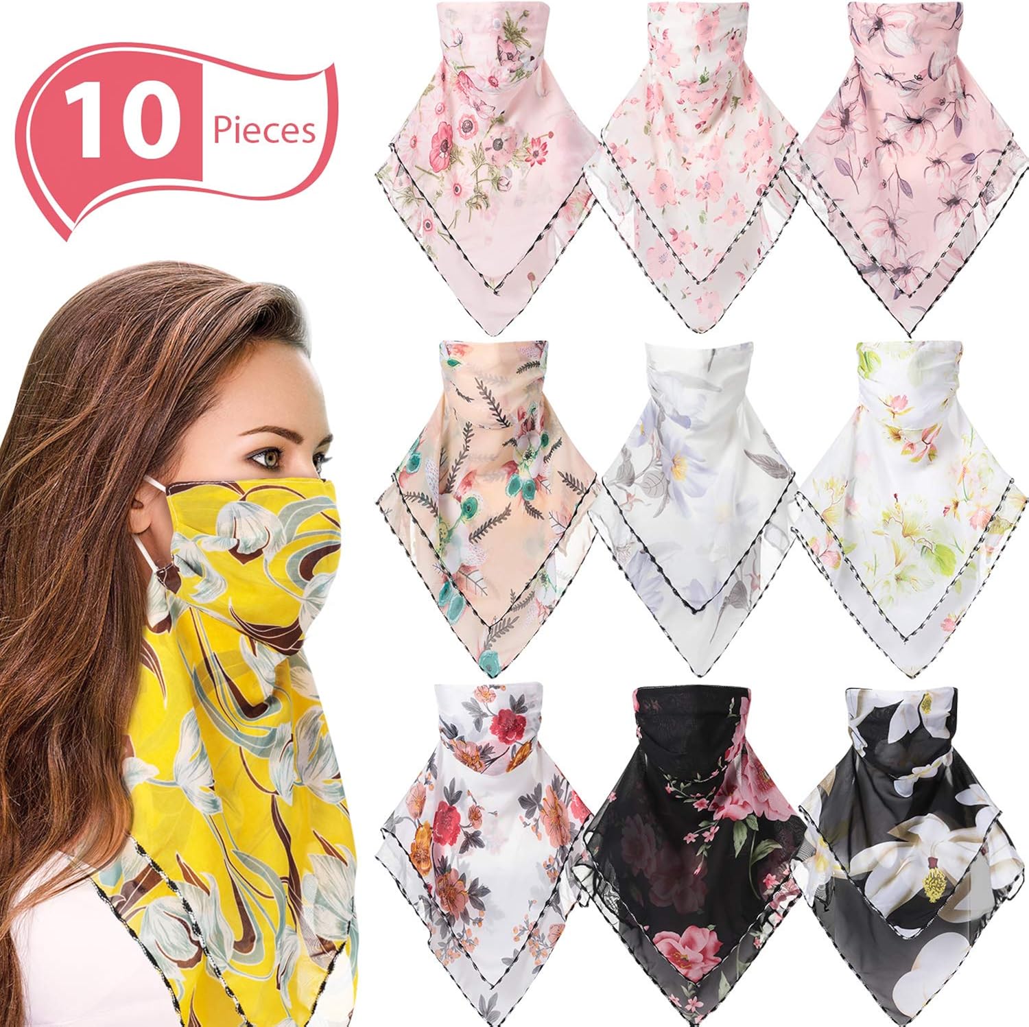 SATINIOR 10 Pack Chiffon Face Scarf Ear-Hanging Outdoor Sunscreen Headwear Breathable Bandana Neck Gaiter Sun UV Protection Face Cover for Women Outdoor Sports, As Pictures Shown, 18 x 18 inch/ 45 x 45 cm: Clothing