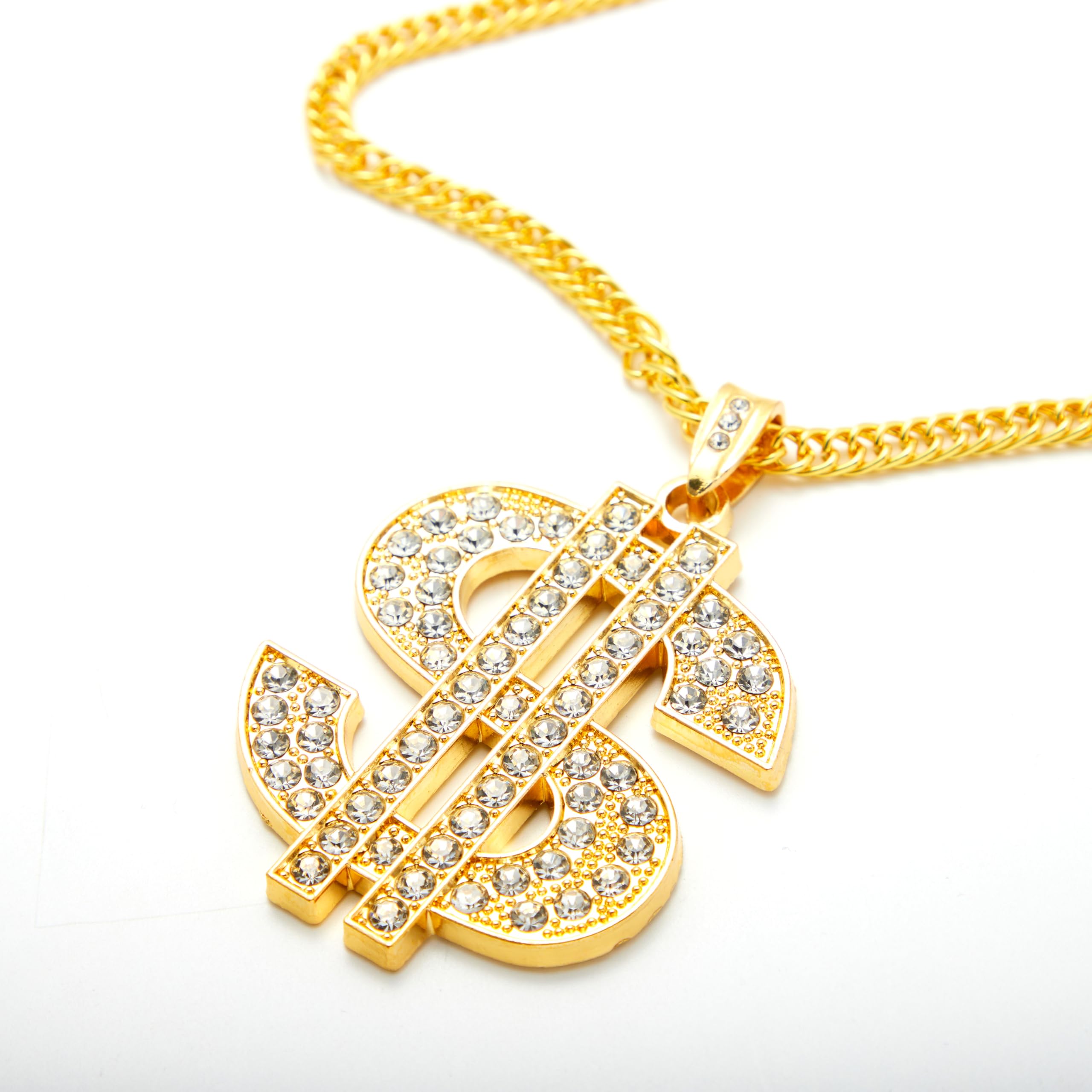 Spooktacular Creations 2 pcs Gold Dollar Chains Necklaces, Money Pendant Chain Hip Hop Dollar Sign Necklace Jewelry Halloween Accessory for Men Women Dress Up Party