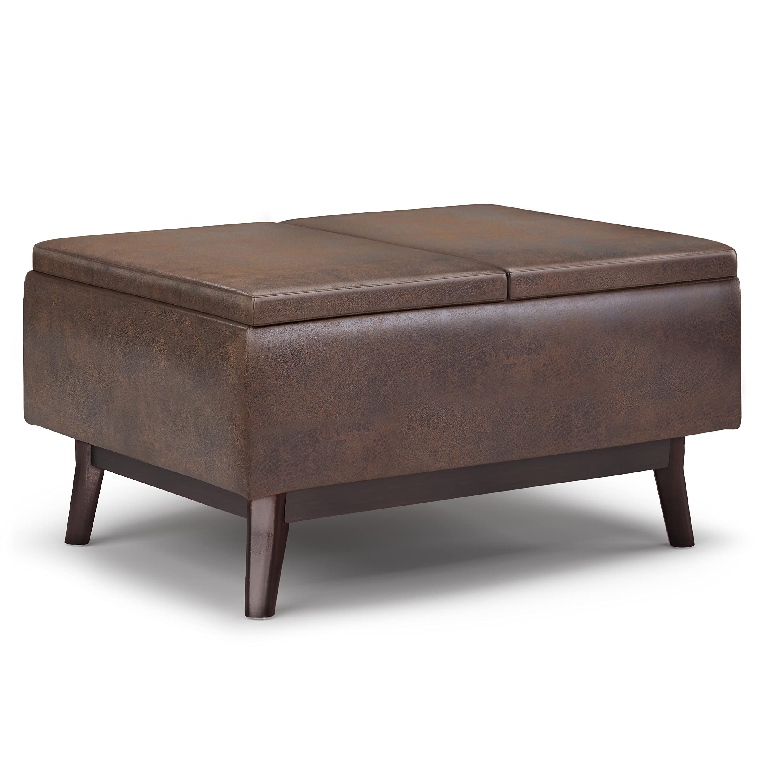 Photo 1 of SIMPLIHOME Owen Tray Top Small Coffee Table Storage Ottoman - 34 inch Wide Upholstered Vegan Leather Rectangular Flip-Top Ottoman in Distressed Chestnut Brown, Mid-Century Ottoman for Living Room