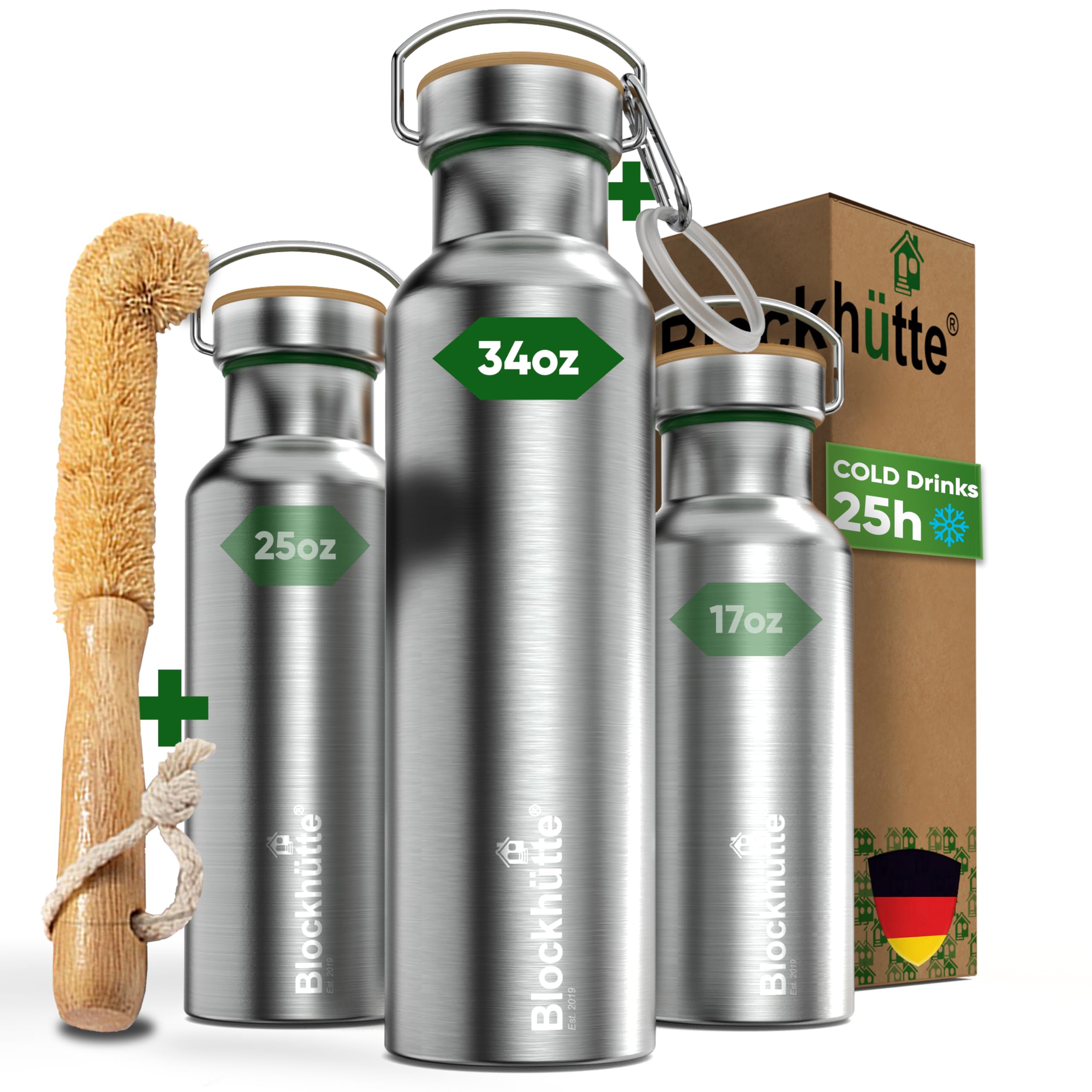 Photo 1 of Blockhütte Vacuum Insulated Stainless Steel Water Bottle - 34 oz | Wide Mouth Insulated Metal Bottle for Cold Drinks | Perfect for Travel, School, Kids, Adults, Water Canteen, BPA-Free