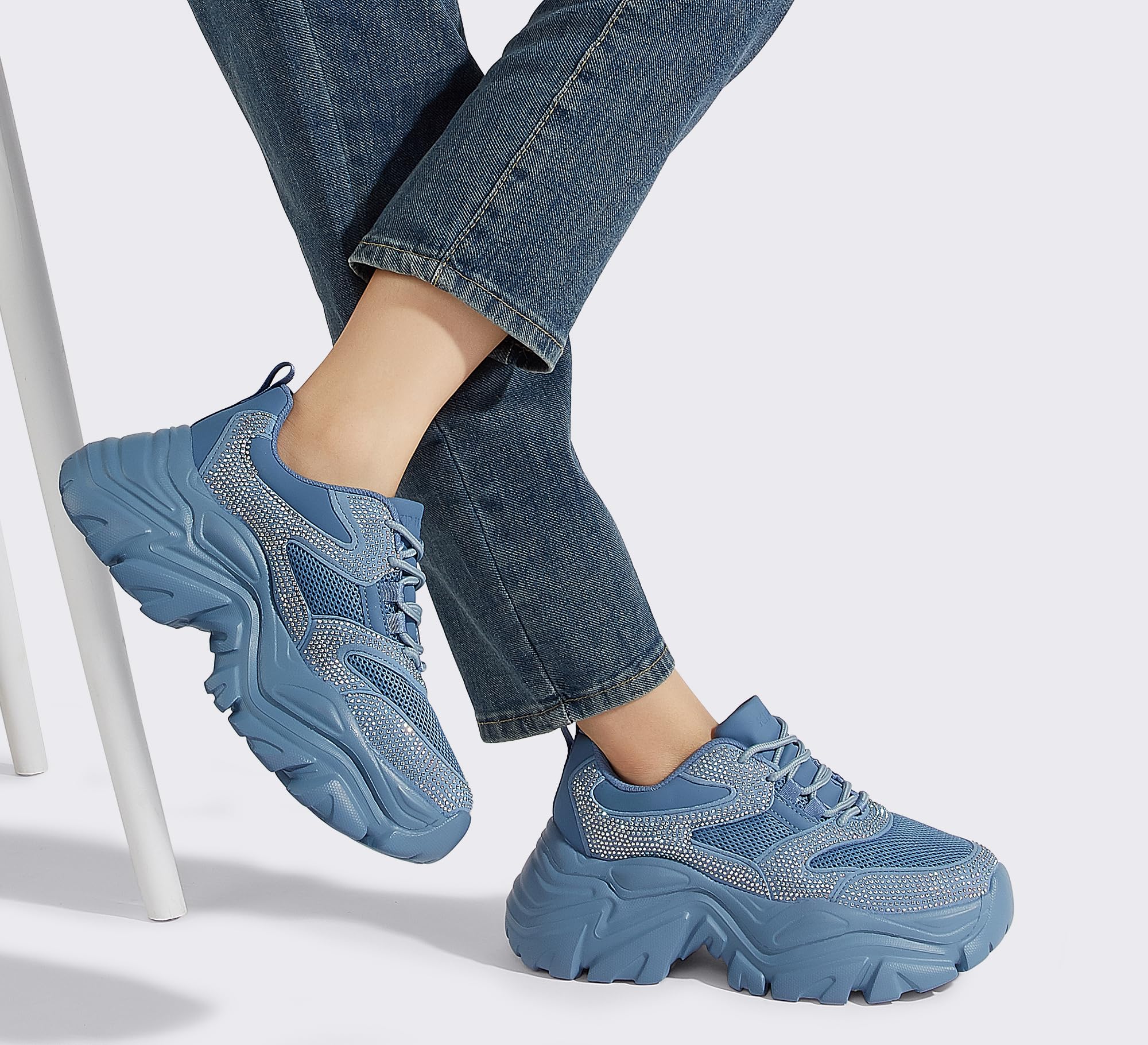 Condition photo showing New/Like New for k kip wok chunky sneakers for women fashion platform rhinestone white leather casual dad shoes comfo