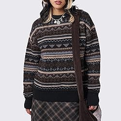Women Y2K Argyle Striped Pullover Sweater Casual