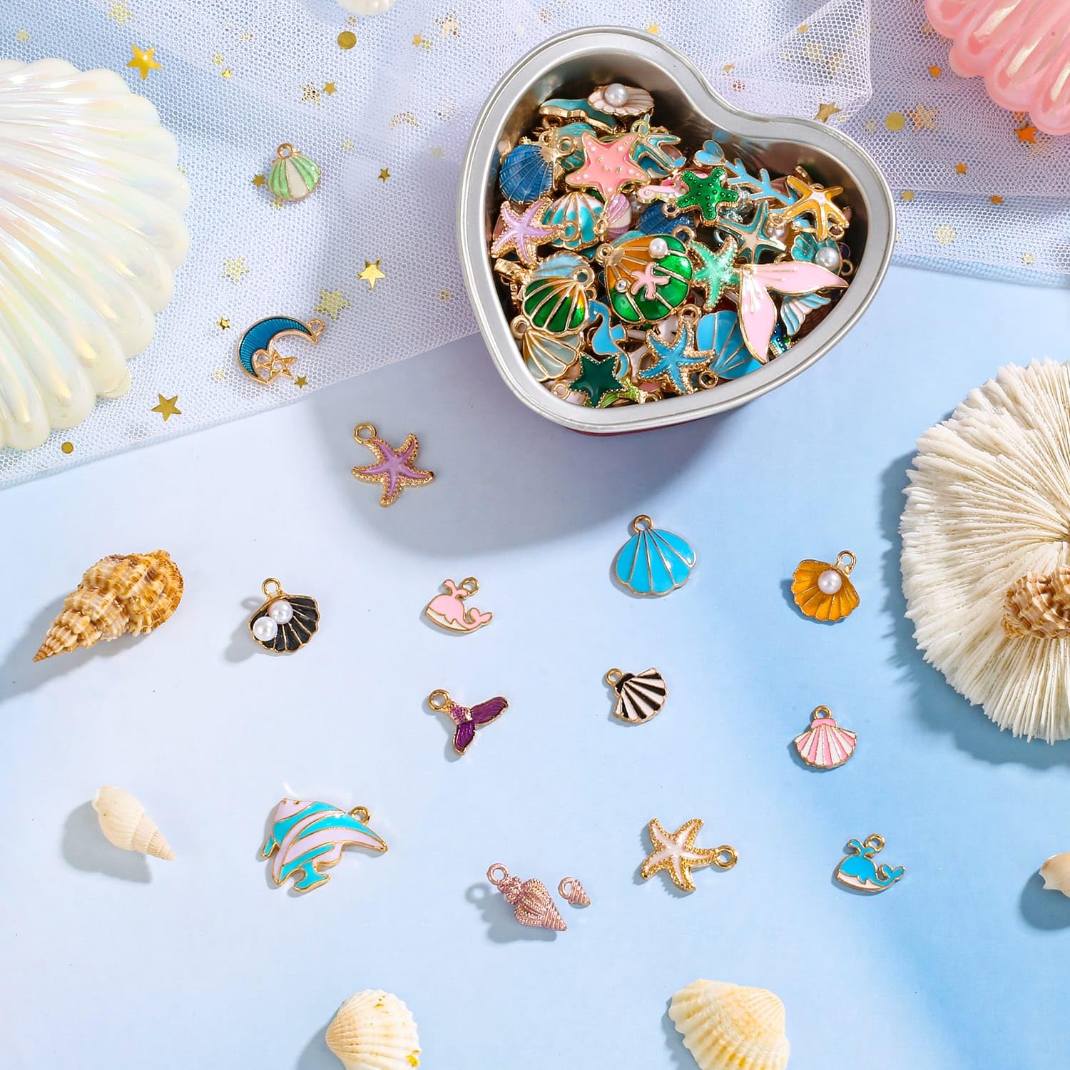 Acejoz 150 Pcs Ocean Beach Sea Charms for Jewelry Making and Bracelets, Assorted Summer Sea Shell Charms Bulk for Earring Necklace Bracelet Jewelry Making and Crafting