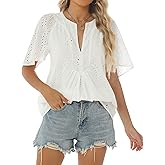Relipop Women's Summer Eyelet Tops 2026 Dressy Casual V Neck Flutter Sleeve Hollow Out Lace Embroidered Blouses Shirts