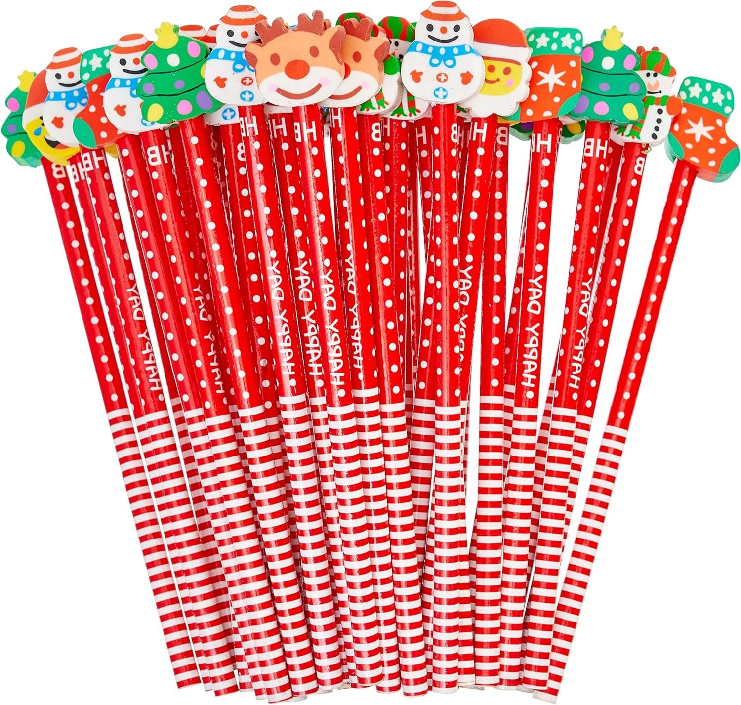 LATERN 60Pcs Christmas Pencils with 8 Styles Cartoon Erasers, Snowman Stocking Santa Claus Reindeer Christmas Tree Pencils for Kids Xmas Stocking Box Fillers Party Favours
