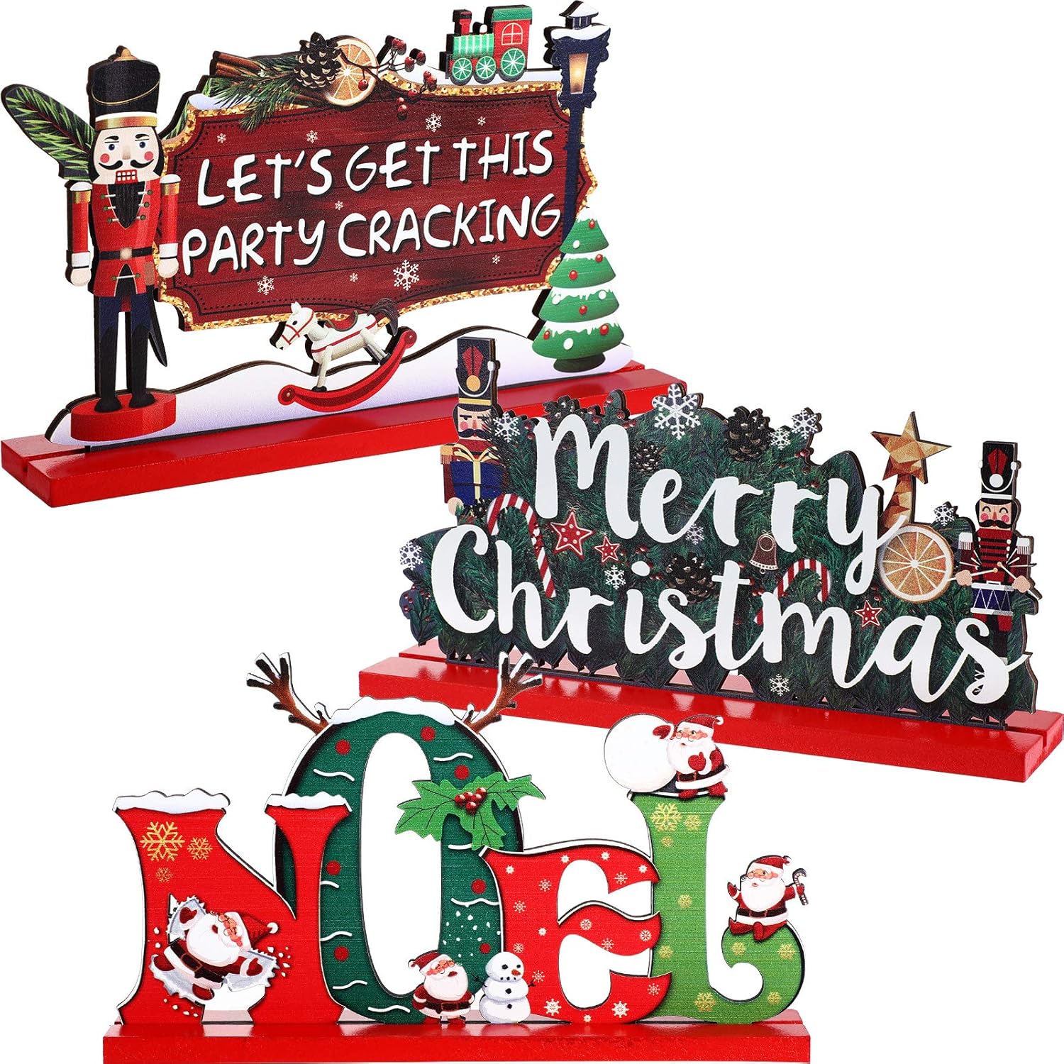 Nutcrackers - 3 Christmas Wooden Table Decorations Wooden Sign Table Centerpiece Wooden Santa Nutcracker Ornament for Christmas Snow Day Dinner Coffee Tier Tray Party Decor