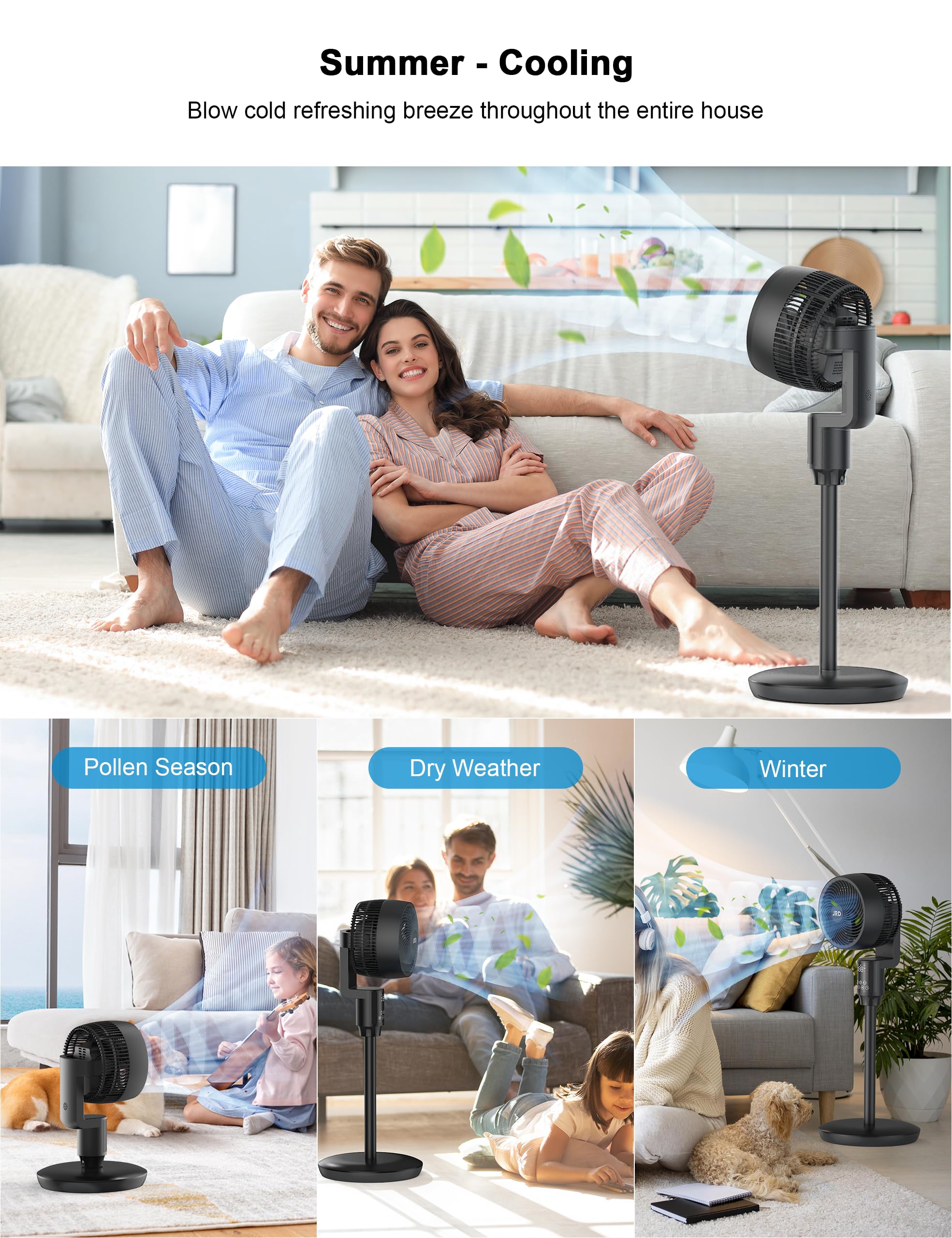 JRD Fan for Bedroom, 70° Oscillating Standing Fans, Quiet Floor Fan, 100ft Pedestal Fans for Room, 6 Speeds, 3 modes,90° Manual Vertical, 19-38