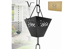 U-nitt Rain Chain Water Collection for Gutters, Rainwater Catcher & Diverter, 8.5 FT Chains for Outside Garden, Black Square Cups, Roof Downspout, Works with Heavy Rain, w/Gutter Clip for Rainchains