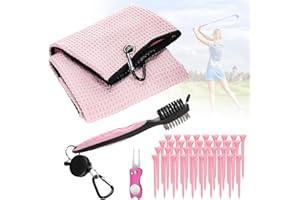 Aulock Golf Towel and Brush Tees Set - Golf Club Cleaning Kit for Golf Bag, Women Microfiber Towel with Ball Marker Divot Tool for Golf Accessories Gift, Pink