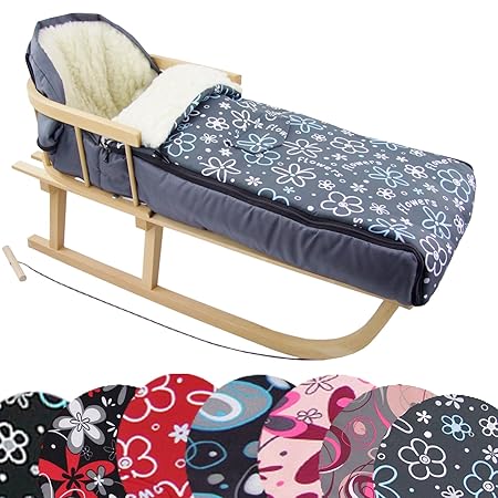 BAMBINIWELT Kombi-Angebot Holz-Schlitten mit Rückenlehne & Zugseil + universaler Winterfußsack (108cm), auch geeignet für Bab