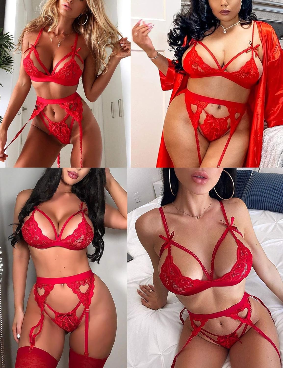 RSLOVE Women Lingerie Sets with Garter Belt 3 Piece Lace Teddy Babydoll Bodysuit at  Women’s Clothing store