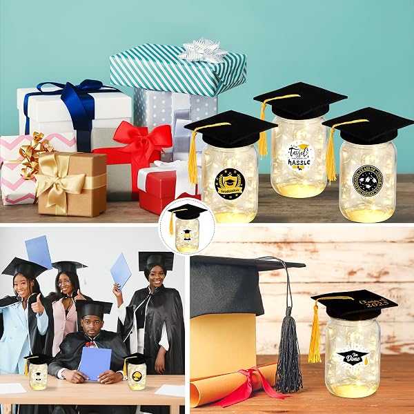 8 PACK 2026 GRADUATION CENTERPIECES FOR TABLES MASON JAR CENTERPIECES WITH LED LIGHTS GRADUATION PARTY DECORATIONS SET WITH CAPS AND STICKERS FOR HIGH SCHOOL COLLEGE CONGRATS GRAD DECOR SUPPLIES