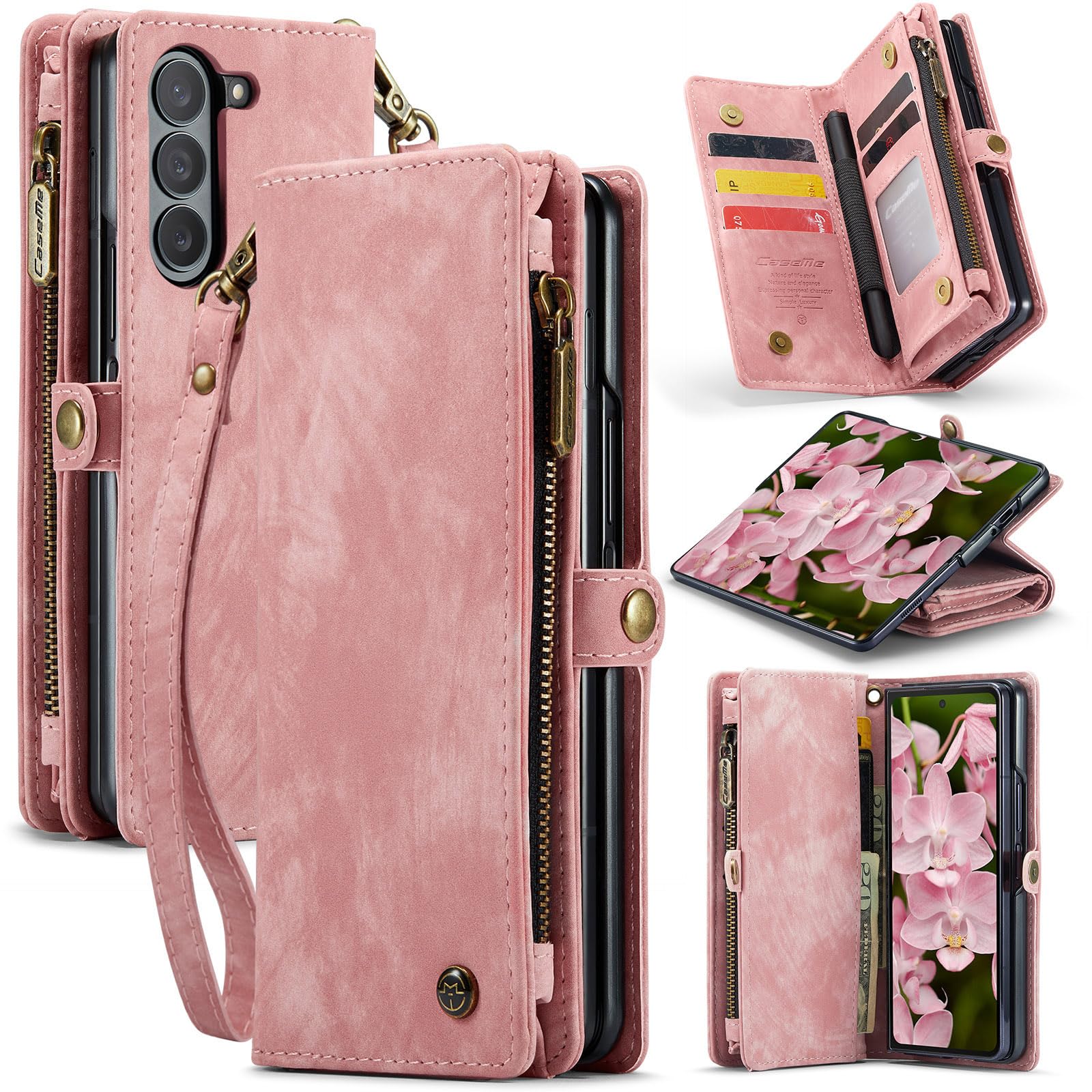UFinetech Z Fold 6 Case, Shockproof Card Holder Flip Zipper Slots Wallet Cover for Galaxy Z Fold6 Case, Built-in S-Pen Holder, Anti-scratch Leather TPU Bumper Luxury Purse Holster, Pink