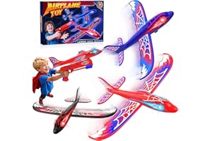 FZLIROU 3 Pack Airplane Launcher Toy with Glowing Eyes & Web-Pattern Wings,2 Flight Modes Outdoor Games for Kids,Boys Toys Age 3-12,Birthday Gifts for 3 4 5 6 7 8 9 10 11 12 Year Old,Kids Gift(Red&Blue&Black)