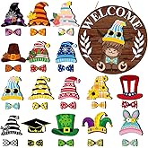 GlikCeil 33 Pcs Holiday Interchangeable Highland Cow Welcome Sign Highland Cow Seasonal Wooden Hanging Door Decor Interchangeable Holiday Door Sign for Winter Valentines Party Decor(Brown Grain)