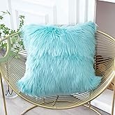 LIGICKY Luxury Series Teal Fluffy Faux Fur Throw Pillow Cover Decorative Soft Fuzzy Plush Square Pillow Case Cushion Cover for Couch Sofa Bed, 18" x 18" Blue